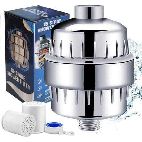 Filtre de douche universel pour douche - Cartouche de rechange et ruban téflon - Élimine le chlore, les métaux lourds, adoucit l'eau (1/5)