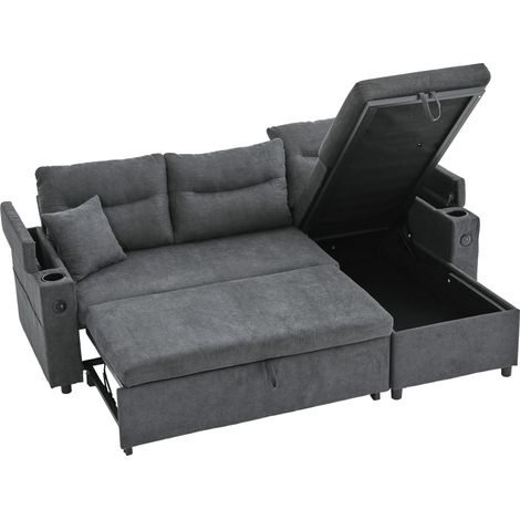 Modernes 3-Personen-Leinensofa mit Stauraum, Getränkehaltern und USB-C. hydraulischer Chaiselongue und Schubladenbett – Stilvolles Design trifft Komfort, Flexibilität und wohnliche Atmosphäre. (1/5)