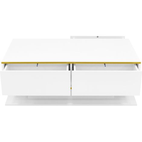 Table basse blanche brillante avec LED multicolore, 100 x 50 x 40 cm, 3 tiroirs et bande LED USB, décoration dorée (1/5)