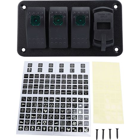 Pannello interruttori a bilanciere in alluminio a 3 vie da 12V/24V con doppio voltmetro e porta USB multifunzione per ricarica rapida, ideale per auto, barche e camion con luce verde.