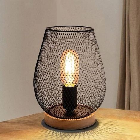 Lampe de chevet moderne avec abat-jour en métal noir- base en bois- pour chambre à coucher- salon- (ampoule E27 incluse) (1/5)