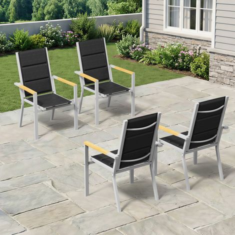 lot de 4 Chaise de Jardin Empilable, Fauteuil en Aluminium avec Accoudoirs Imitation Bois, Tissu Textilène et éponge à Séchage Rapide, Dossier Surélevé, Respirante et Confortable, Gris Clair (1/5)