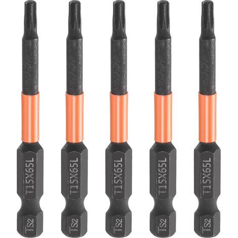 5Pcs Embout Tournevis Torx T15 1/4" Hex Shank Long 2.56" (65mm) (1/5)