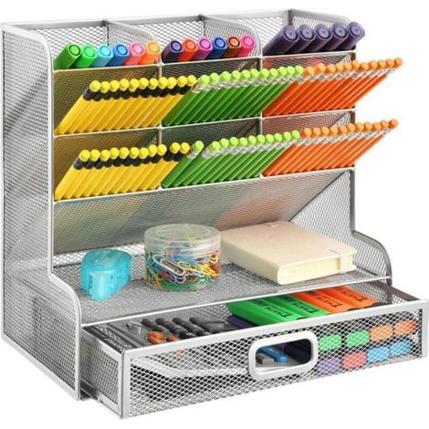 Organisateur Bureau Maille - 9 Compartiments - Tiroir Intégré - 26,7 x 15 x 25,7 Cm - Argent (1/4)