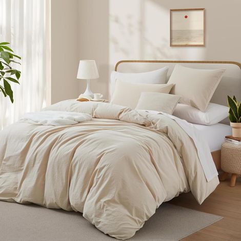 1 Parure de lit coton, 220x240 cm, beige, uni, avec 2 taies d'oreiller, chambre adulte ado