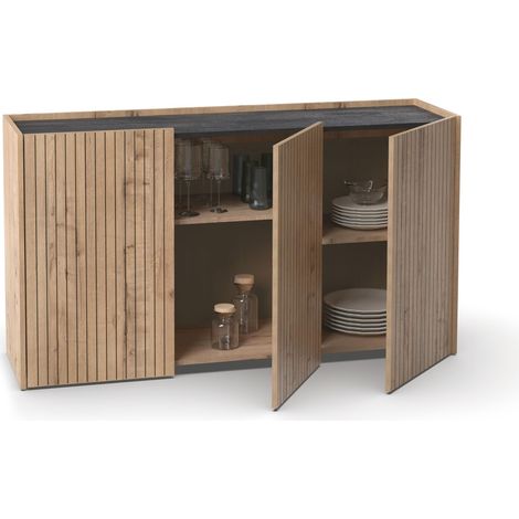 Aparador Salon Salle à Manger, Buffet, Meuble Auxiliaire, 3 portes, Noir et Chêne Gold, Lattes sérigraphiées, 80x140x40cm, Garde-Manger, Cuisine, Bureau, Moderne, modèle Irati (1/4)