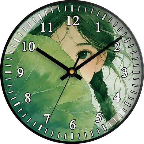 Horloge murale vert frais (20 cm), silencieuse et sans tic-tac, motif aquarelle féminin, fonctionne à piles, idéale pour les chambres. (1/5)