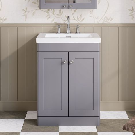 Nuie Classique Floor Standing 2-Door Vanity Unit with 3TH Contemporary Basin 600mm Wide - Satin Grey
