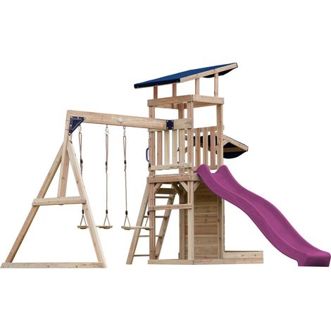 Axi Malik Aire De Jeux En Bois Avec 2 Balançoires, Toboggan Violet/ Aire De Jeux Extérieur, Bac À Sable, Mûr De Jeux/Toboggan Avec Raccordement À Eau  Portique Balançoire/Jeux En Bois Extérieur