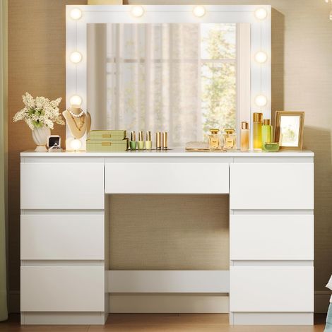 WOLTU Tocador con Espejo, Mesa de Maquillaje con 7 cajones de Almacenamiento, estación de Maquillaje, Blanco
