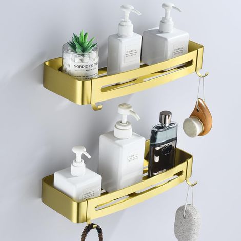 Juego de 2 cestas de ducha de metal dorado cepillado con ganchos, ganchos para champú, cesta de ducha sin perforaciones, resistente al óxido (1/5)