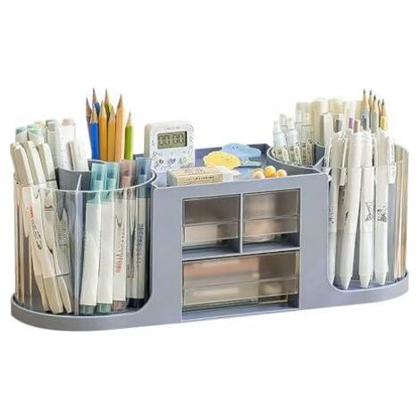 Porte-stylo, organiseur de bureau à double rotation, 14 compartiments, grande capacité, tiroir transparent à double couche, peut contenir des crayons et divers articles de papeterie (bleu) (1/5)