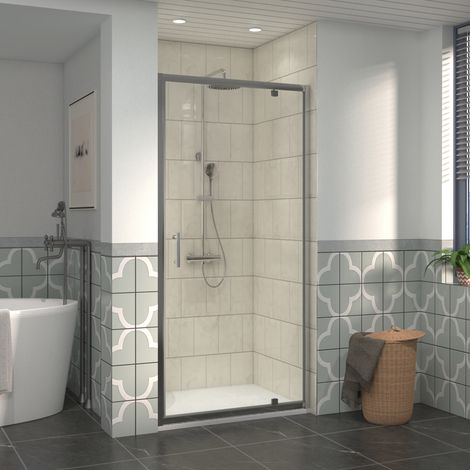 NRG 900mm Bathroom Shower Enclosures Pivot Door Chrome Framed with 900x900mm SMC Square Shower Tray White (1/5)