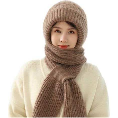 Cagoule doublée en peluche pour femme, en acrylique, avec capuche, écharpe, bonnet, coupe-vent, protection d'oreilles intégrée, bonnet d'hiver tendance - D (1/5)