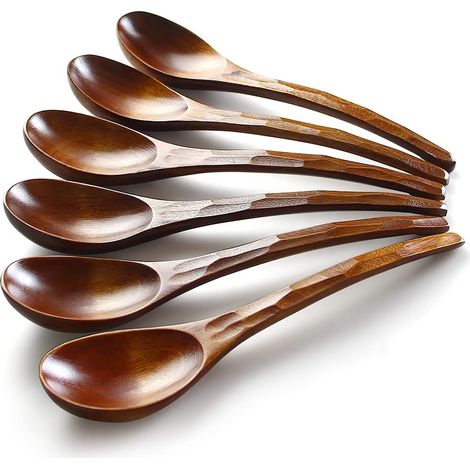 Cuillères à soupe en bois, lot de 6 cuillères à ramen japonaises rondes de 20 cm (7,84 pouces), idéales pour le riz, les desserts, la cuisine, la dégustation et comme cuillère de table. (1/5)