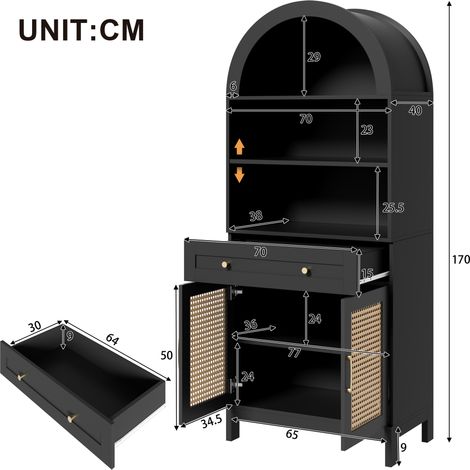 Vitrine et meuble de rangement incurvé moderne, 170 cm de haut, portes en rotin, 3 compartiments d'exposition + 2 portes + 1 tiroir, pour salon et couloir, aspect noir et bois, dimensions : 70 × 40 × (1/4)