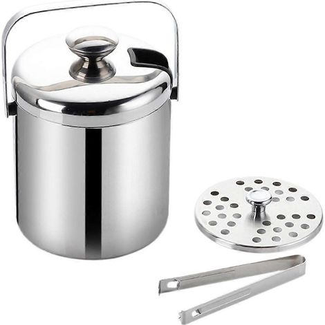 Seau à glace avec couvercle et pince, seau à glace isotherme en acier inoxydable à double paroi pour bouteille de champagne ou de vin avec passoire A (1/5)
