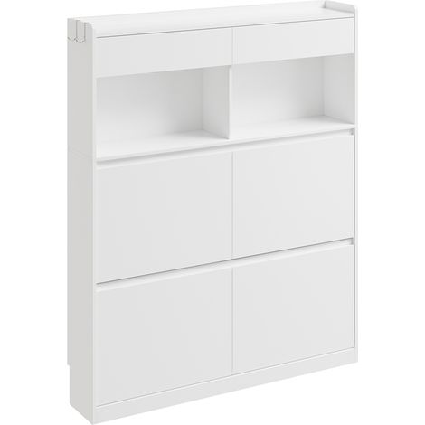 SoBuy Schuhschrank schmal hoch weiß Schuhkipper mit 12 Fächern und 2 Schubladen Schuhregal mit LED-Licht und Garderobenhaken 98×19×120 cm Tragkraft 52 kg FSR224-E-W (1/5)