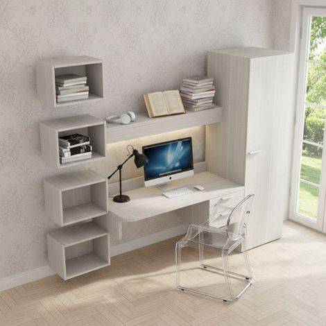 Scrivania sospesa design con mensola luminosa, pensili e armadio - Rovere rock (1/5)