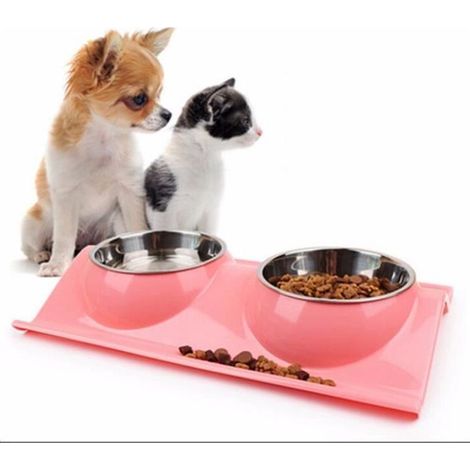 Acier Double Bol Ecuelle Gamelle Nourriture Eau Mangeoire Chien Chat Abreuvoir rose-Ywey