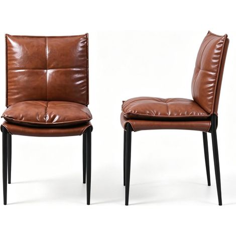 Set de 4 sillas de comedor tapizadas en cuero regenerado marrón y negro, con respaldo acolchado, estructura de metal y diseño compacto para espacios pequeños CHICFURN (1/5)