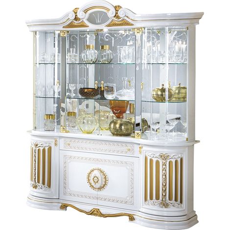 Vitrine 8 portes 1 tiroir bois vernis laqué brillant blanc et doré Lesly 173cm (1/2)