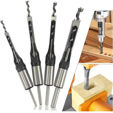 Lot de 4 Forets à Bois Trou Carré, Bédanes Creux en Acier Outils de Menuiserie Set pour Scie Cloche Carrée Forets à Ciseau Trou de Perçage Mortaiser Burin Pour le Travail du Bois 6,4/8/9,5/12,7mm (1/5)