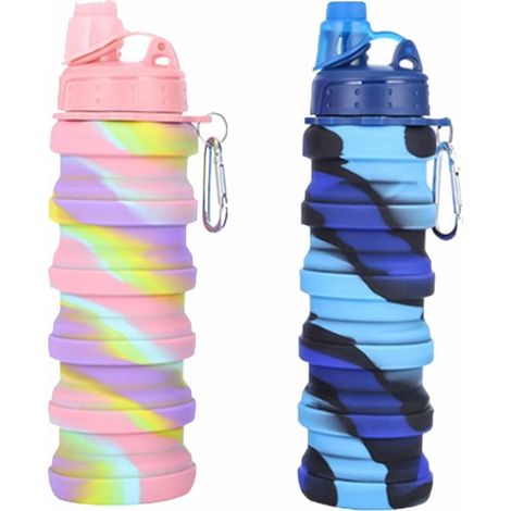 Lot de 2 bouteilles d'eau pliables en silicone, réutilisables et portables, sans BPA, sûres et saines, étanches (500 ml) (1/5)