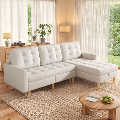 Canapé d'angle 3 places, avec rangement, chaise longue réversible, en tissu, beige (1/5)