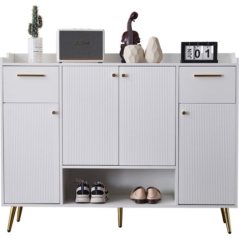 Meuble à chaussures avec 2 tiroirs et 4 portes – Étagère à chaussures avec pieds métalliques, blanc, dimensions : L130 × P37 × H100 cm