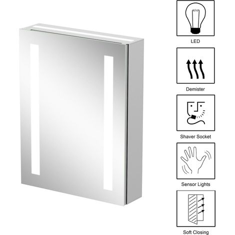 Bathroom Mirror Cabinet LED Lights Wall Mounted Mains Demister IP44 500 x 650mm (1/5)