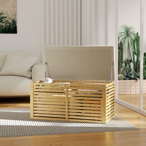 HOMCOM Banc de Rangement Coffre de Rangement Rembourré - Tissu Aspect Lin, Couvercle & Structure en Bambou, Gris & Naturel (1/5)