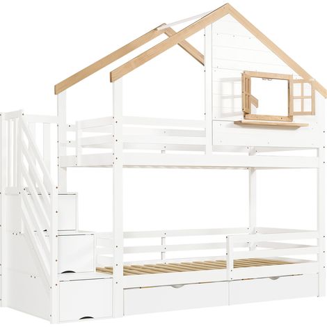 Letto a castello cabina 90x200 cm con scala contenitore bianco e naturale (1/5)