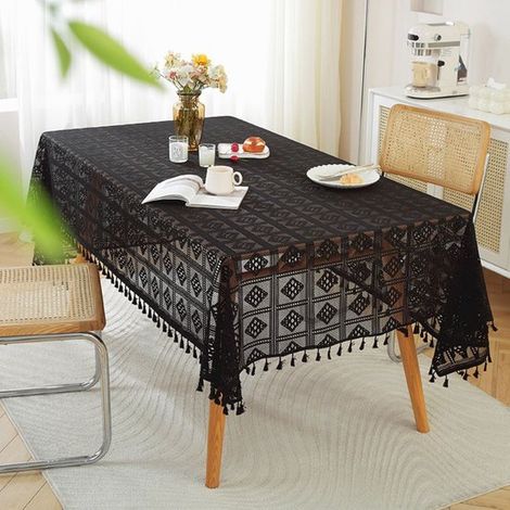 Mantel rectangular de poliéster y algodón, lavable, tejido con rayas huecas en forma de diamante y borlas, Mariposa de ganchillo, Beige, 140220 (1/5)