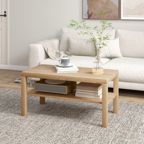 Table basse de salon table d'appoint rectangulaire à 2 niveaux avec étagère de rangement bois naturel 90x45x44.5cm design moderne (1/4)