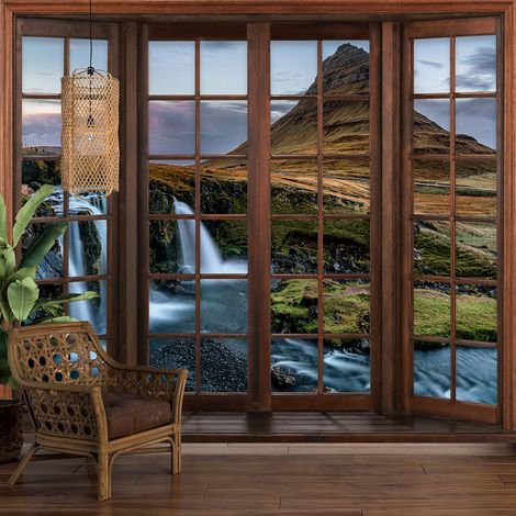 Papier peint panoramique Trompe l'oeil Fenêtre en bois - Cascades - 195 cm x 156 cm (1/5)