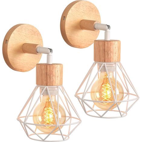 Set of 2 Metal and Wood Wall Sconces, E27 Adjustable 180°, Indoor Lighting for Living Room and Kitchen (1/5)