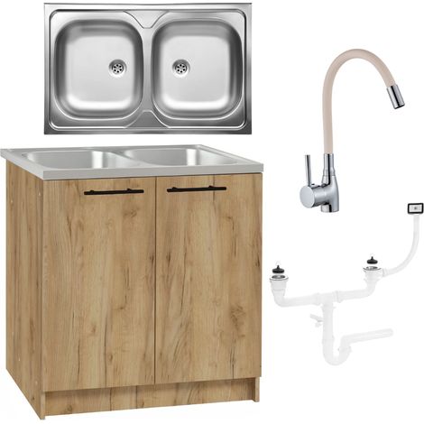 STAMAR Küchenunterschrank 80 cm - Eiche golden - Doppelt Waschbecken - Elegantes Design - Robuster Wasserhahn