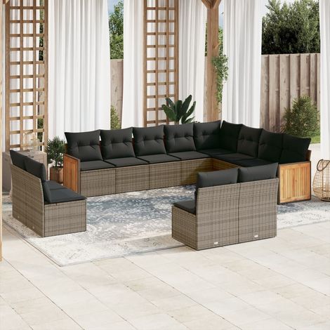 Salon de jardin 12 places en résine tressée grise avec coussins amovibles - Ensemble modulaire pour terrasse et jardin (1/5)
