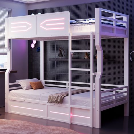 Lit Superposé en Métal Blanc 90x200 cm avec LED - Structure Robuste pour Enfants, Ados et Adultes - Échelle et Barrières de Sécurité, Moderne