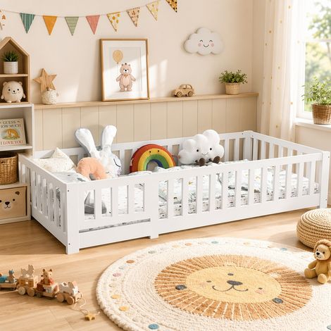 Lit Enfant 90x200 cm - Lit au Sol Enfant en Bois Massif de Pin avec Barrière de Sécurité et Sommier - Charge Jusqu’à 230 kg - Lits Montessori pour Garçons et Filles