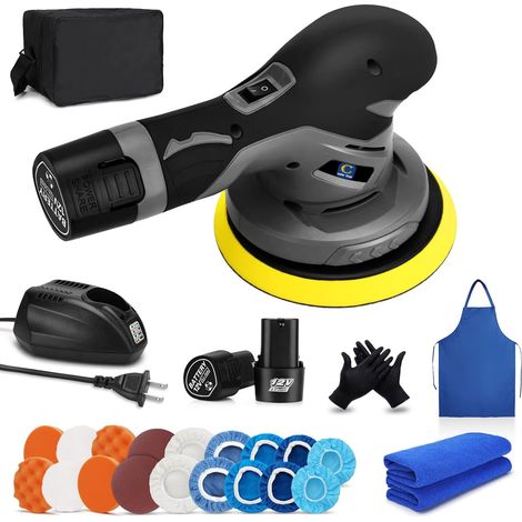 Kit de polisseuse et de polissage sans fil pour voiture avec 2 polisseuses sans balais rechargeables au lithium 12 V à vitesse variable, kit de polissage portable 2,0 Ah pour polisseuse/ponceuse (gris