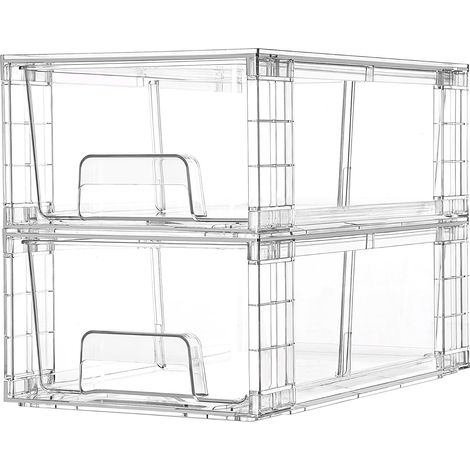 Lot de 2 tiroirs de rangement empilables en acrylique transparent avec poignées, faciles à assembler pour réfrigérateur, salle de bain, cuisine, sous-évier, armoire, garde-manger (1/5)