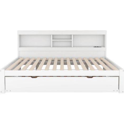 Cama nido 140 x 200 cm blanca con LED, puerto USB, almacenaje lateral, sin colchón (1/5)