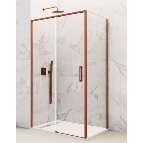 TWENTY corner shower enclosure with sliding door, fixed front panel and fixed side panel, 140x80 cm, clear glass, copper finish (1/5)