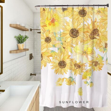 Rideau de Douche Anti Moisissure Lavable 120 x 180 cm Personnalisable, Séchage Rapide, Lavable, Lesté, avec des Crochets Polyester Imperméable Rideau de Douche, Tournesol (1/4)