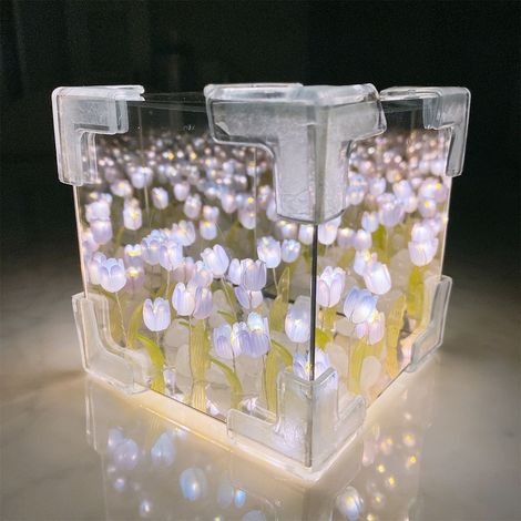 Lampe-Cube Fleurs Tulipes - Veilleuse 3D à Monter Soi-Même - Miroir Intégré - LED Réglable - Pour Chambre Bureau Décoration Intérieure - Kit de Montage ×1 (1/2)