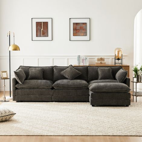 Divano angolare moderno a forma di L, divano imbottito in tessuto ciniglia a tre posti con poggiapiedi, mobile imbottito, adatto per soggiorno e camera da letto, grigio, video disponibile (oldsku:N653 (1/5)