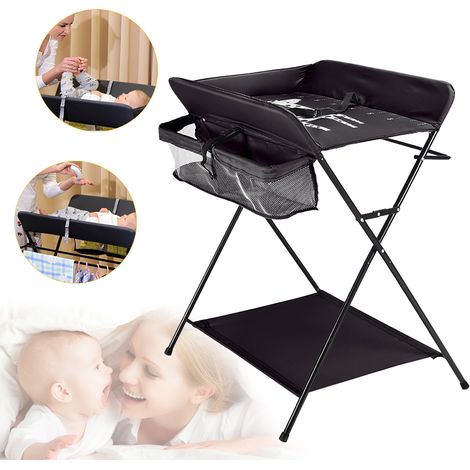 Fasciatoio pieghevole per bambini, fasciatoio, regolabile in altezza con ripiano, cintura di sicurezza e ripiani, salvaspazio e stabile, colore nero
