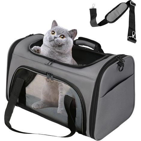 Sac de transport pour chat avec matelas moelleux, facile à plier et à transporter, adapté aux petits et moyens chats, gris (1/5)